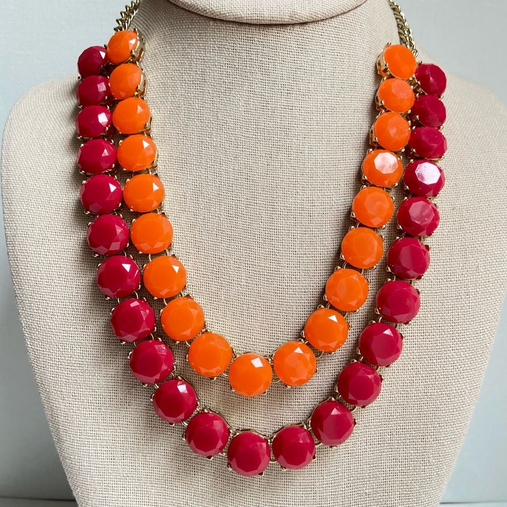 Layered statement necklace w neon orange and dark pink sparkly faceted cabochons